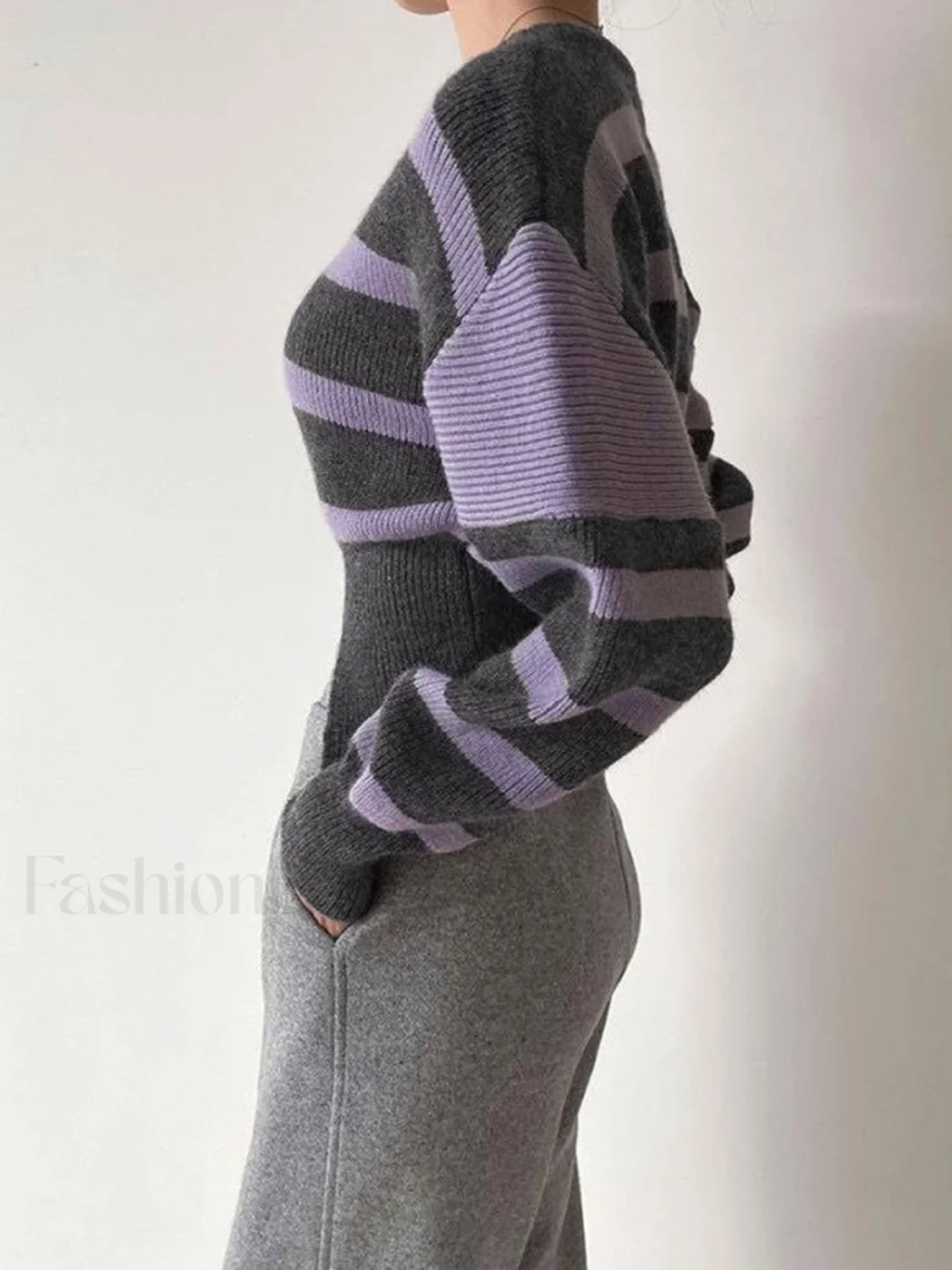 Stripe Asymmetric Graceful Notched Crop Sweater - Image 4