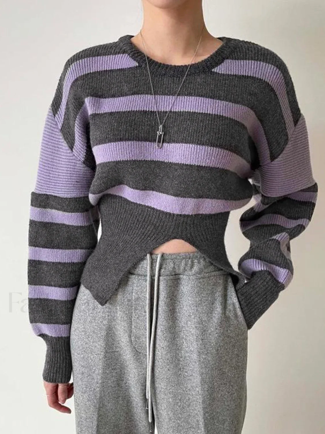 Stripe Asymmetric Graceful Notched Crop Sweater - Image 8