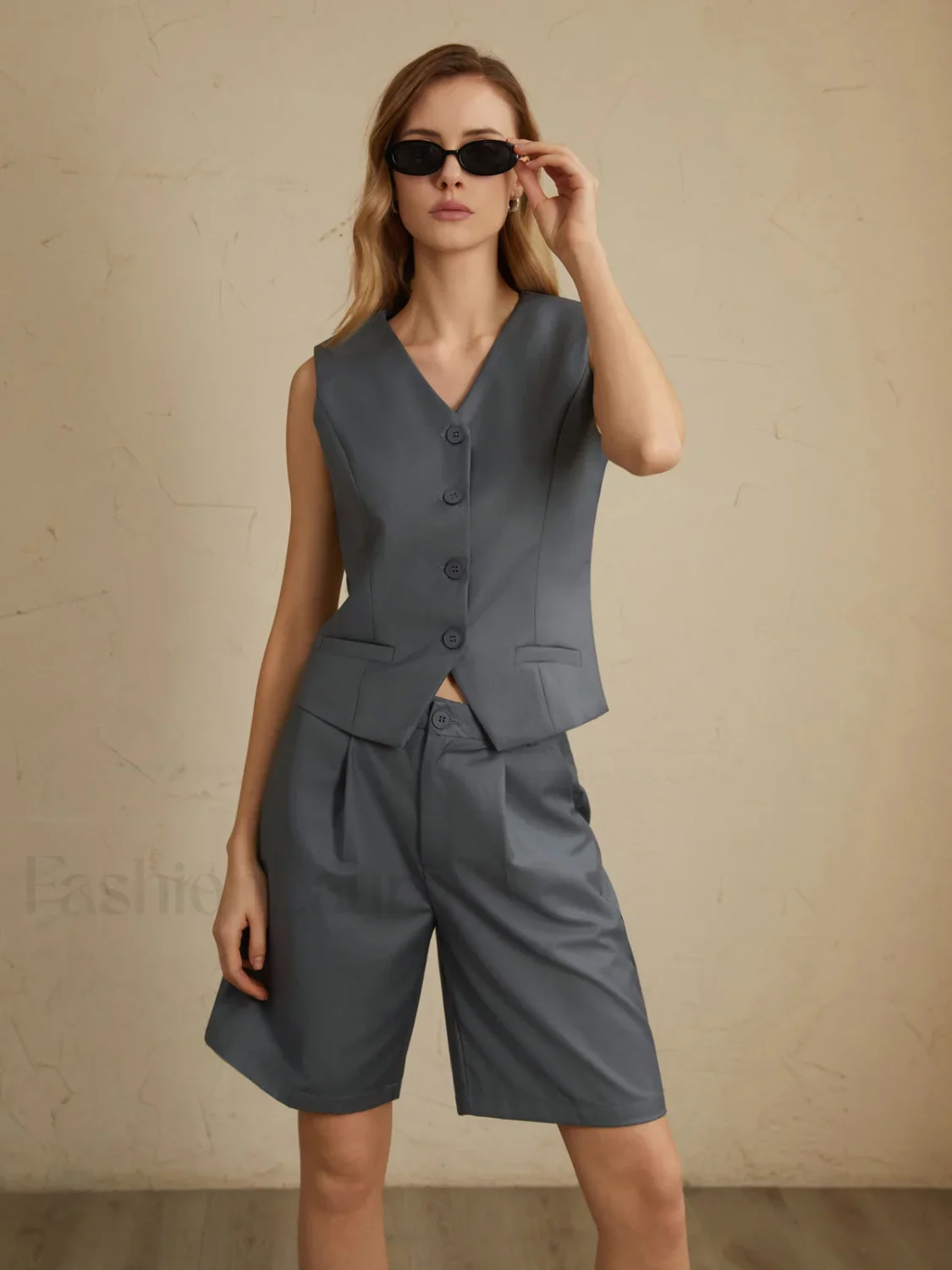 Solid Waistcoat Graceful With Shorts Set - Image 12