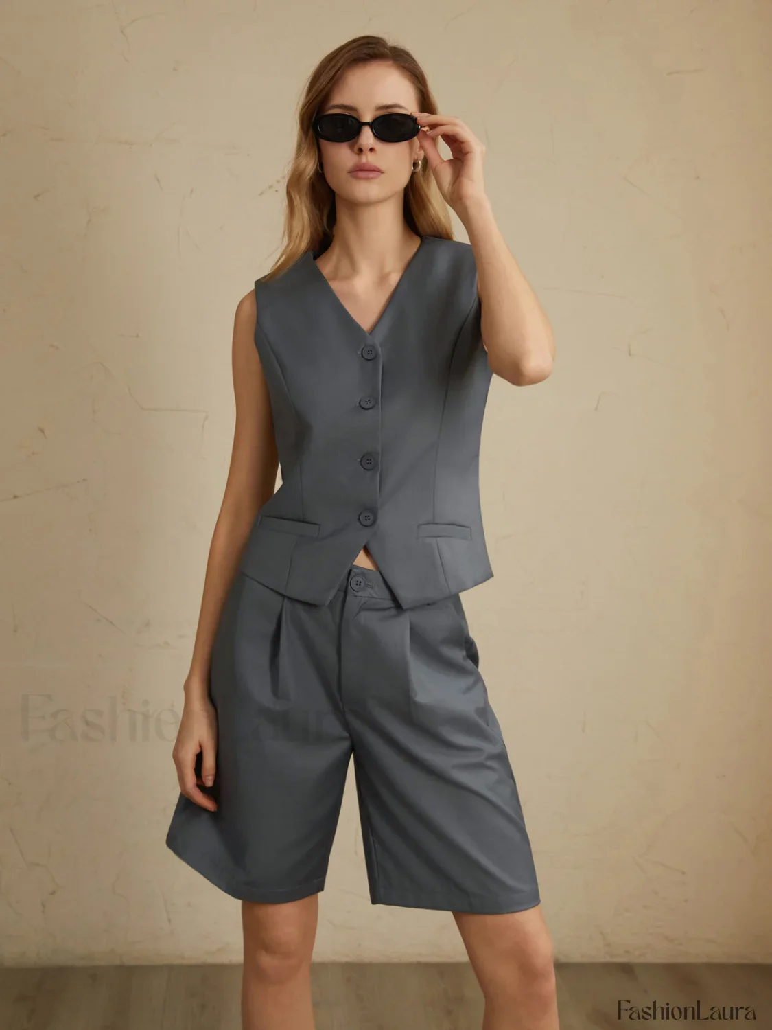 Solid Waistcoat Graceful With Shorts Set - Image 18