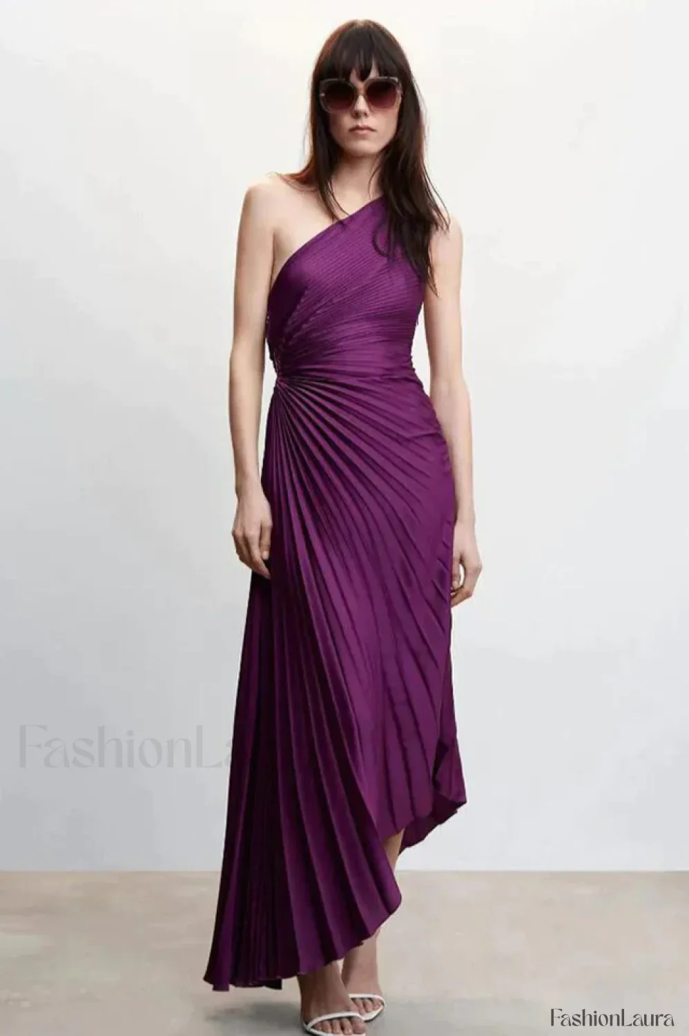 Catalina One Shoulder Charming Pleated Satin Maxi Dress - Image 54