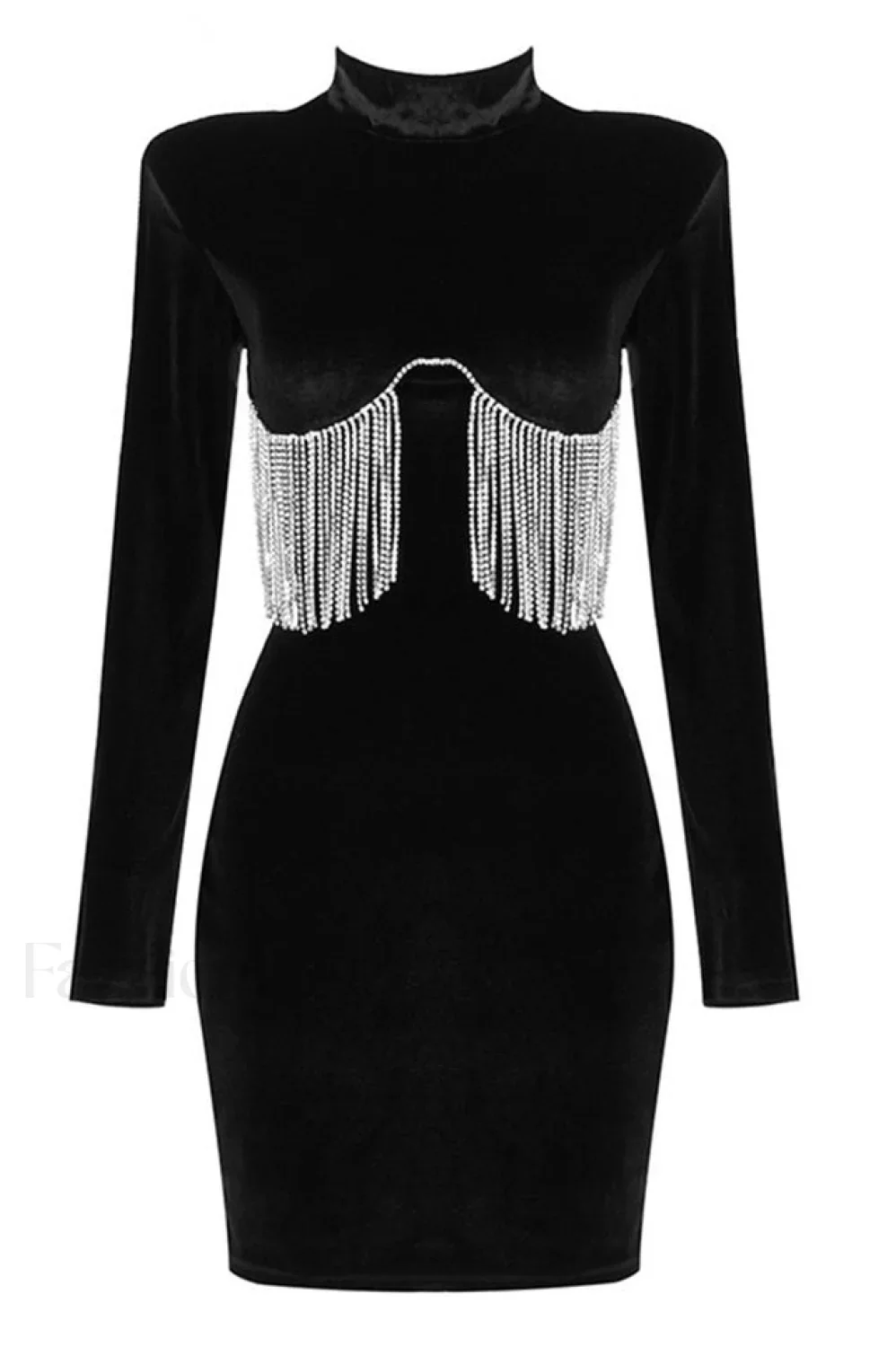 Black Crystal Fringe Charming Velvet Mini Dress - Image 12
