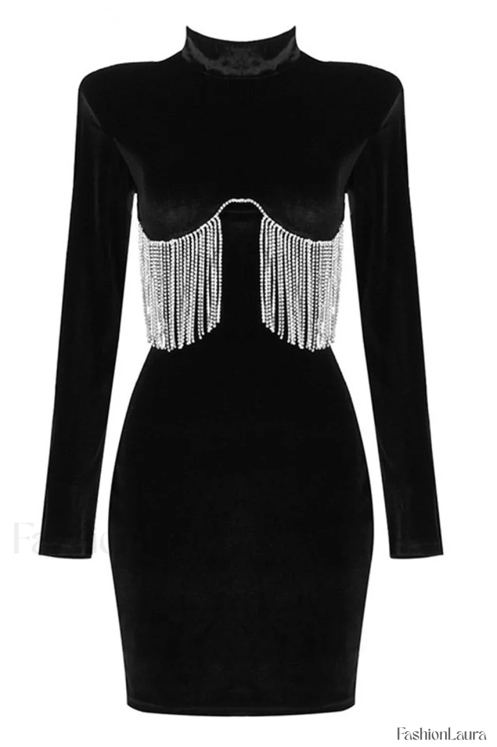 Black Crystal Fringe Charming Velvet Mini Dress - Image 28