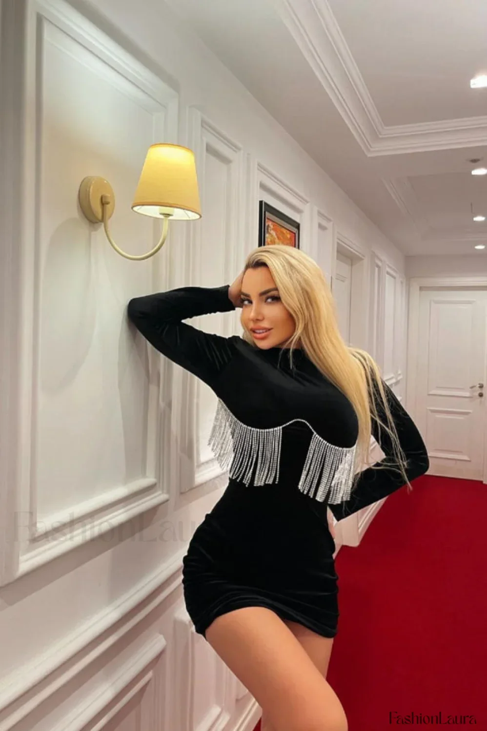 Black Crystal Fringe Charming Velvet Mini Dress - Image 30