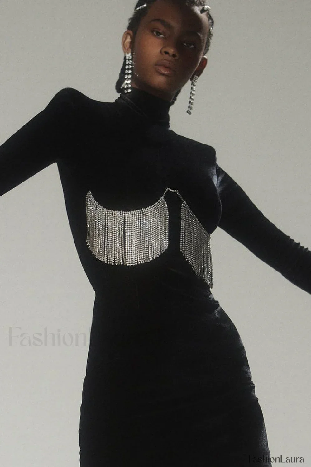 Black Crystal Fringe Charming Velvet Mini Dress - Image 32