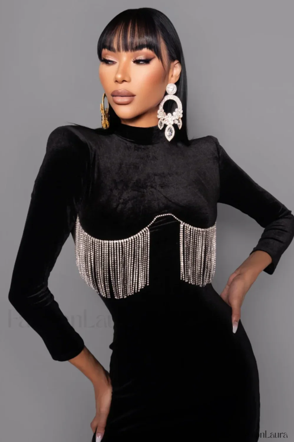 Black Crystal Fringe Charming Velvet Mini Dress - Image 34