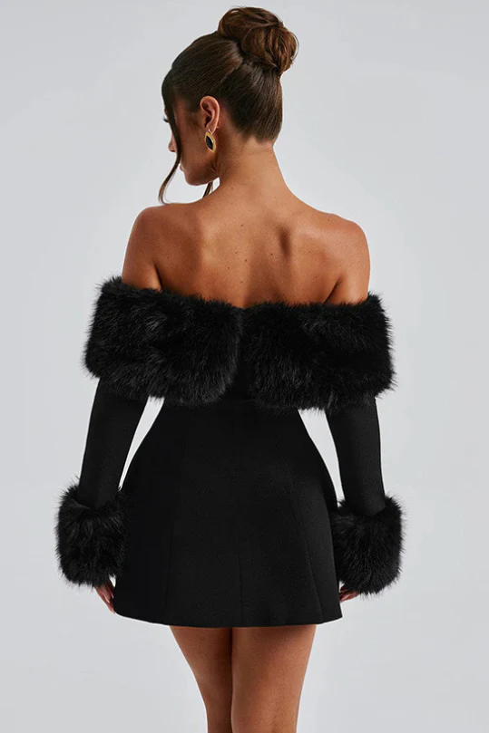 Faux Fur Collar Off Shoulder Bodycon Dress - Image 3