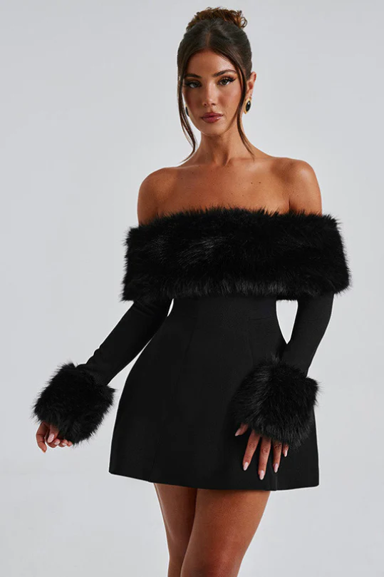 Faux Fur Collar Off Shoulder Bodycon Dress - Image 4