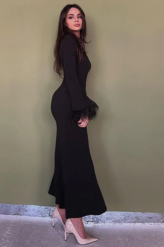 Feather Trim Bodycon Maxi Sweater Dress - Image 2