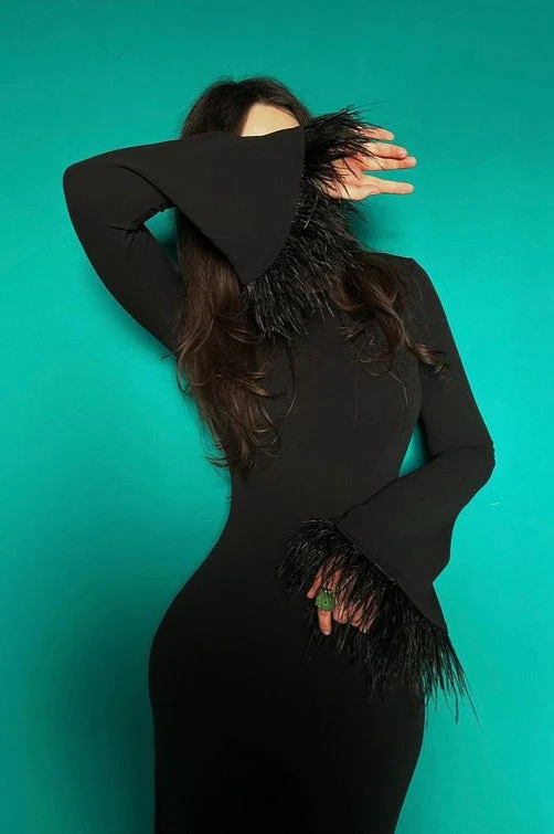 Feather Trim Bodycon Maxi Sweater Dress - Image 7