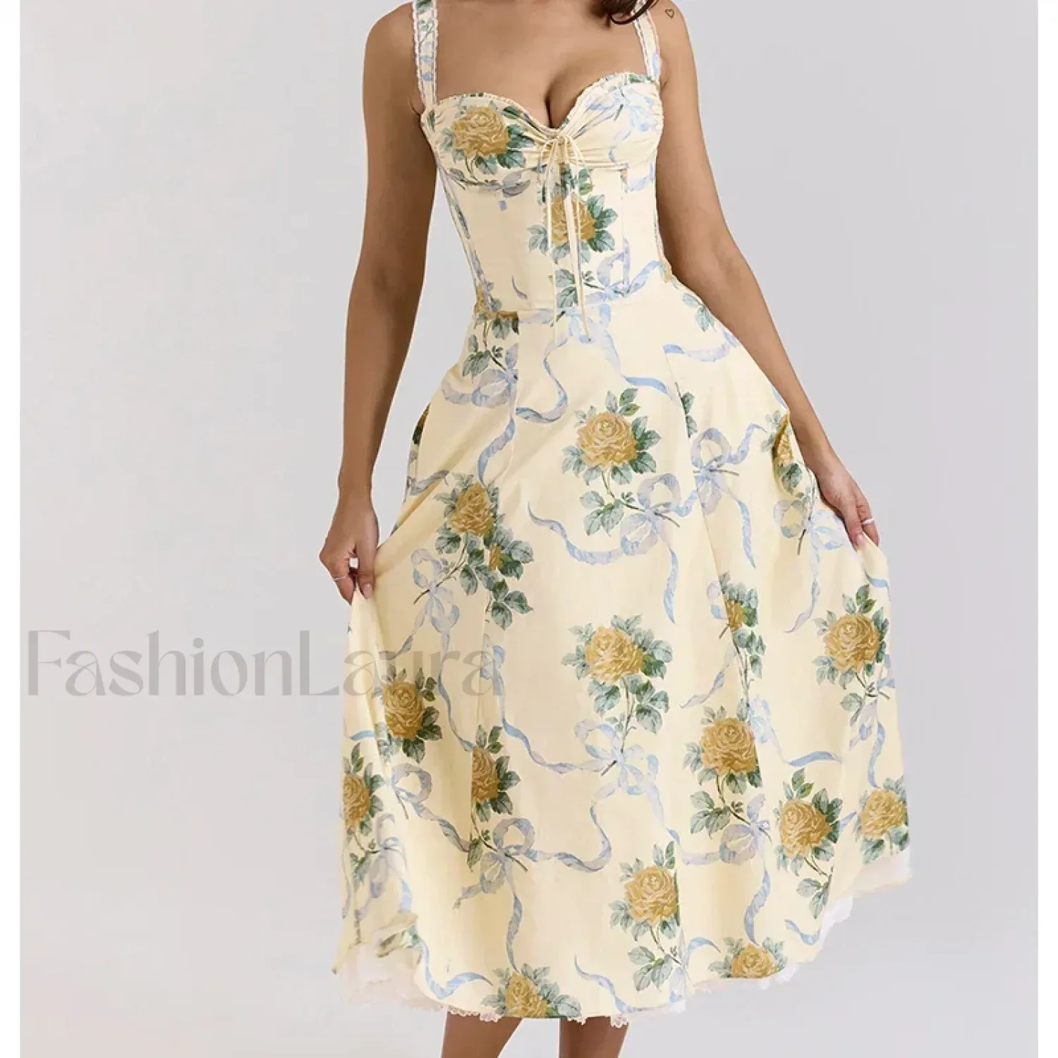 Fishbone Waist Cotton Midi Dress