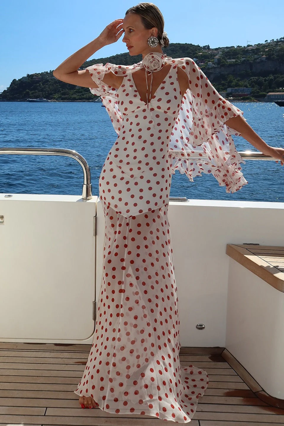 Polka Dot V-Neck Sheer Maxi Dress
