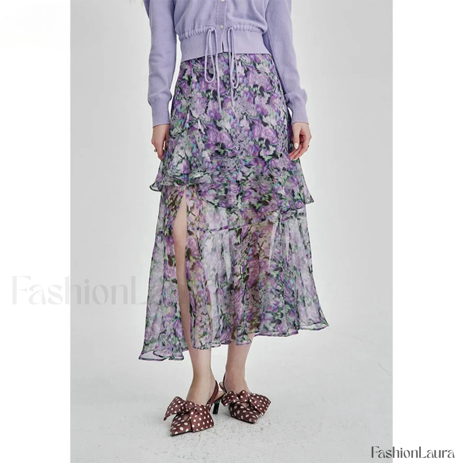 Floral Chiffon Ruffled Slit Skirt - Image 6
