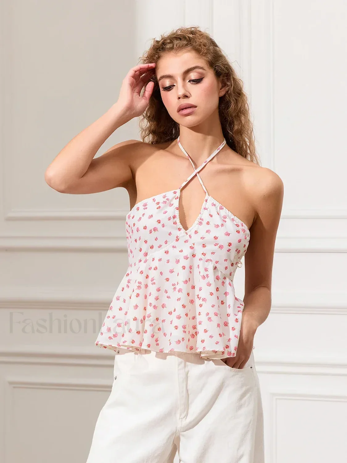 Floral Cross-Halter Peplum Crop Top - Image 8