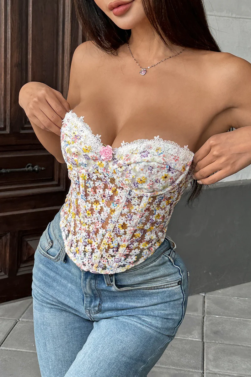 Floral Embroidery Boned Sheer Corset Tube Top - Image 7