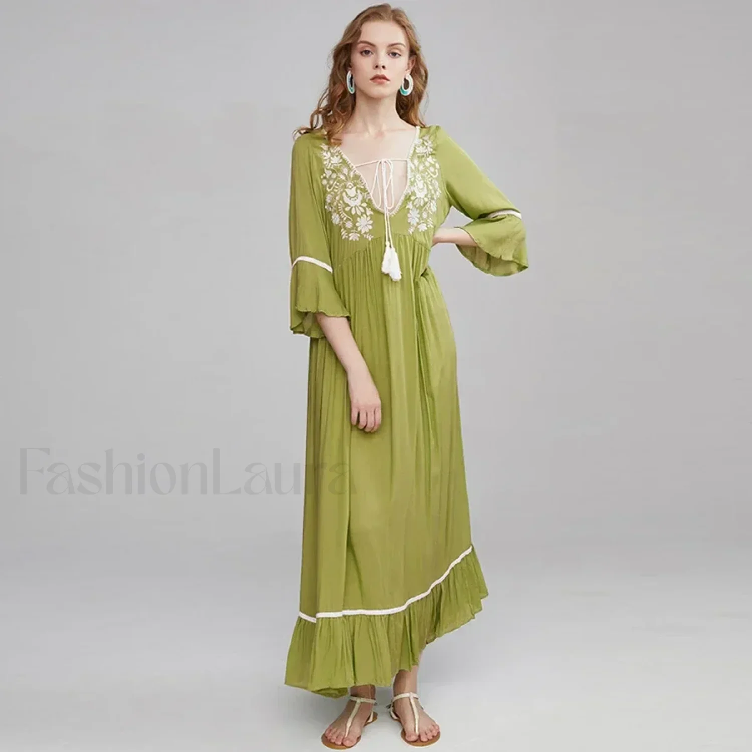 Floral Flare-Sleeve Boho Dress - Image 8