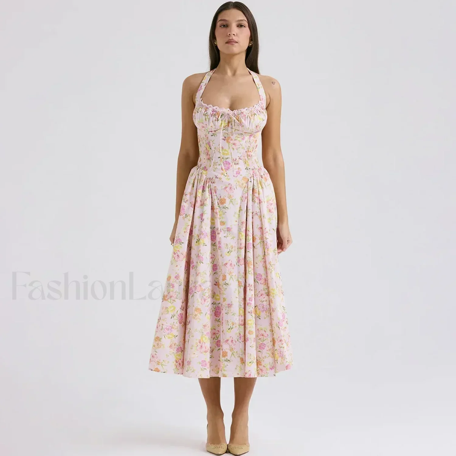 Floral Halter Backless Midi Dress - Image 5