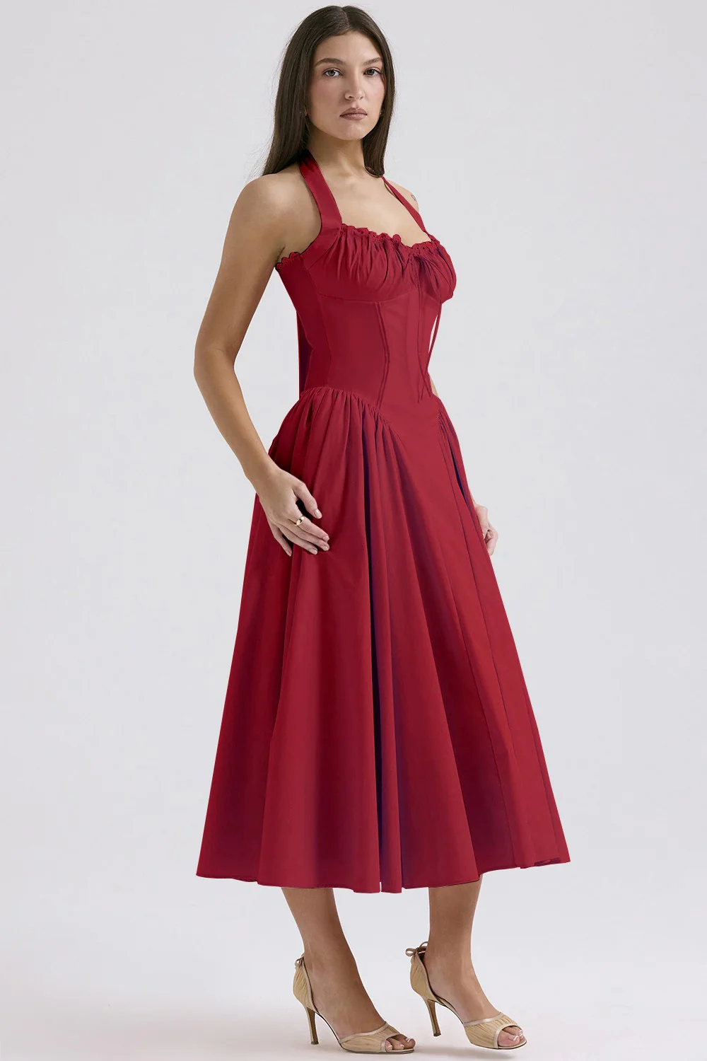 Floral Halter Lace Trim Long Sleeveless Prom Dress - Image 13