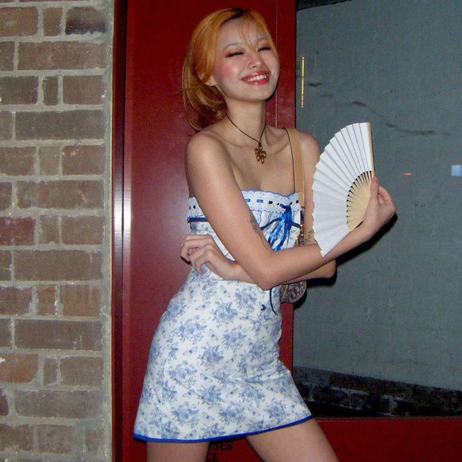 Floral Lace Trim Tie Front Strapless Mini Dress - Blue - Image 2