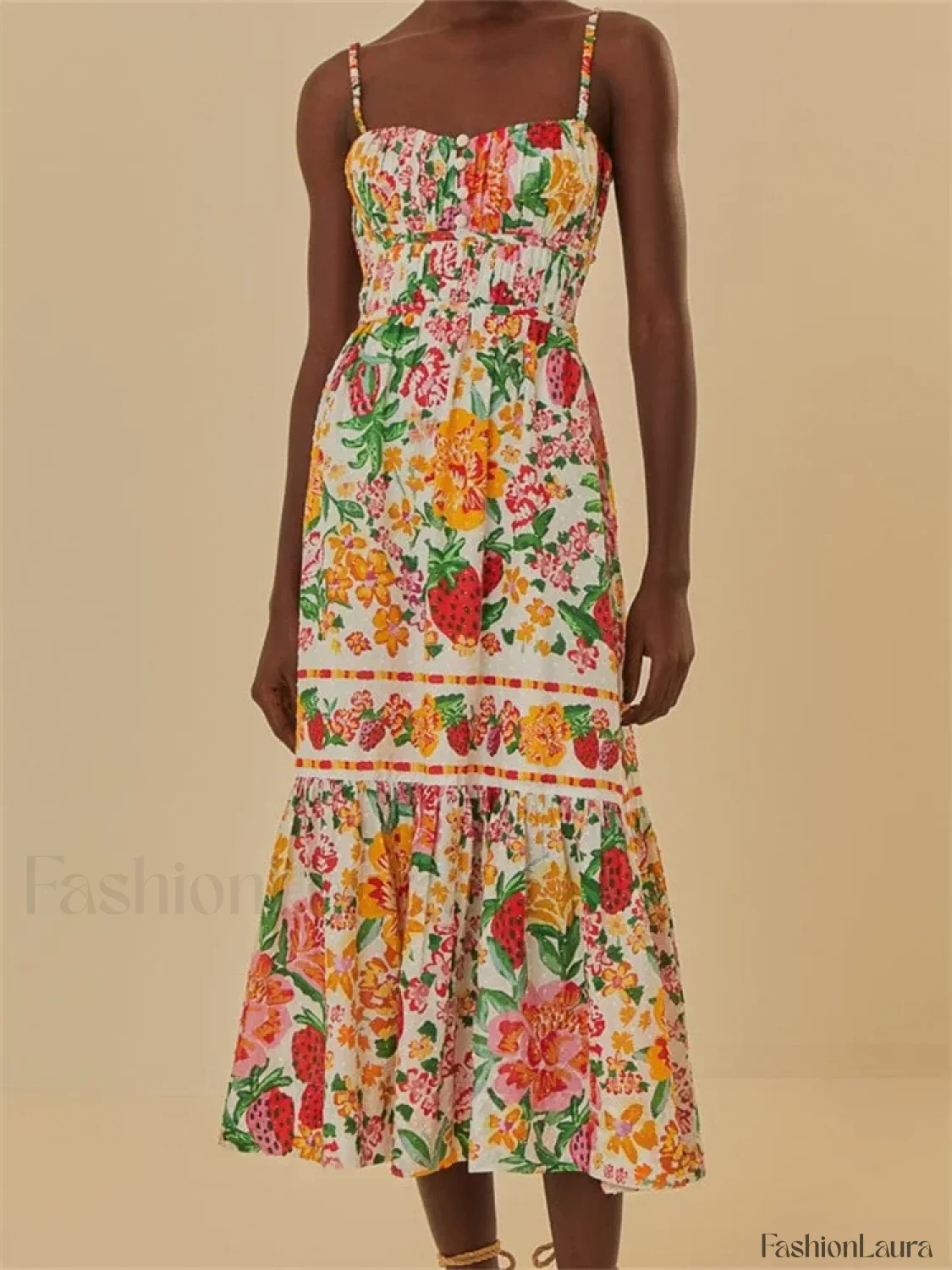 Floral Ruched Button Strap Maxi Dress - Image 10