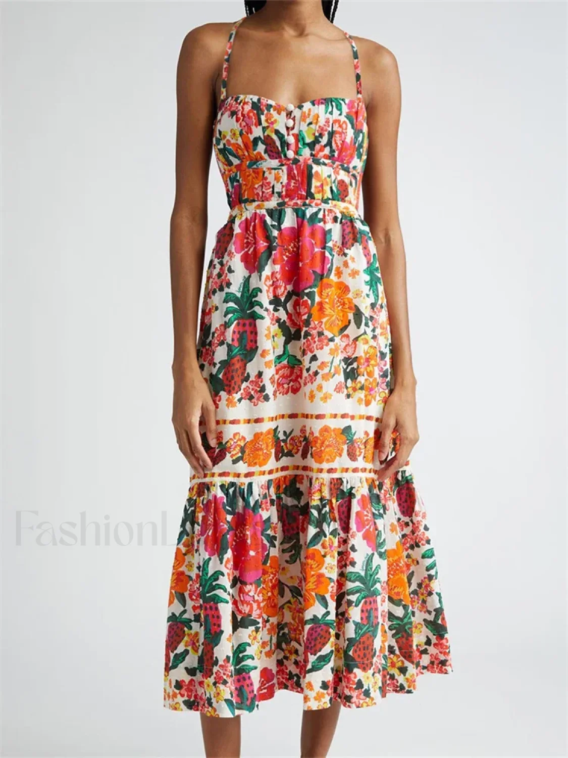 Floral Ruched Button Strap Maxi Dress - Image 5