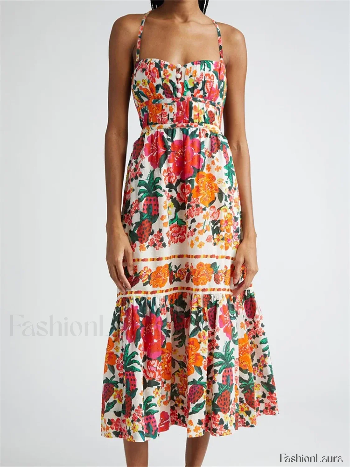 Floral Ruched Button Strap Maxi Dress - Image 6