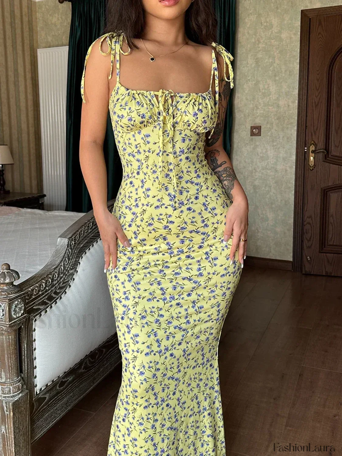 Floral Ruffle Lace-Up Maxi Dress - Image 13