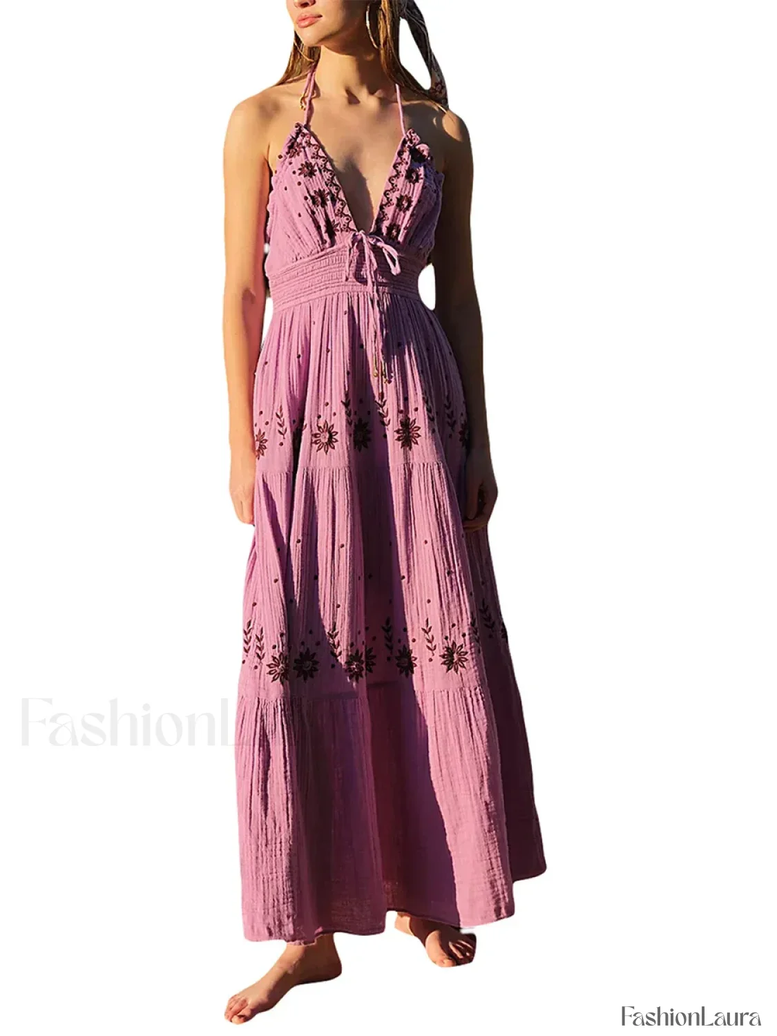 Floral Tie-Up Halter Boho Dress - Image 24