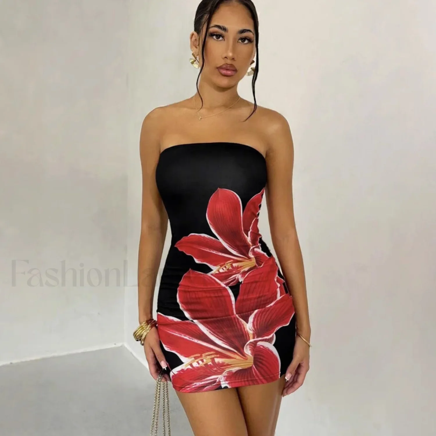 Floral Tube Top Waist Slim Beach Mini Dress - Image 3