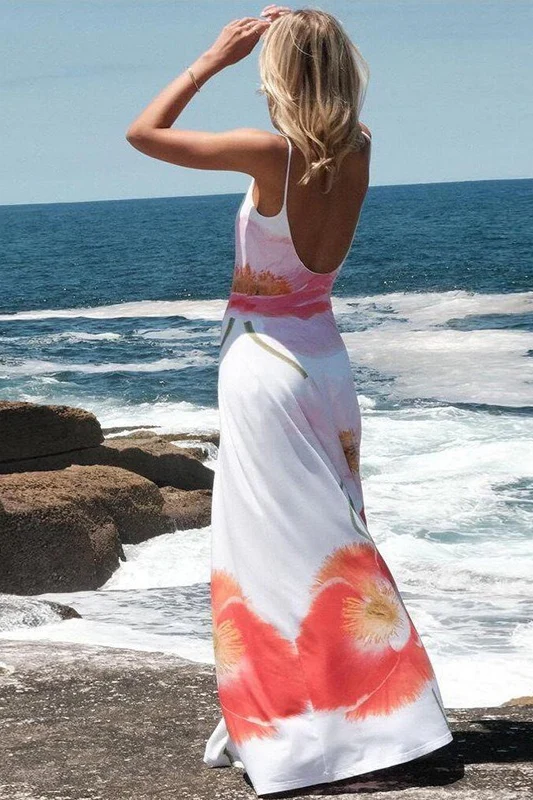 Floral U Neck Strap Backless Vacation Dress - Image 10