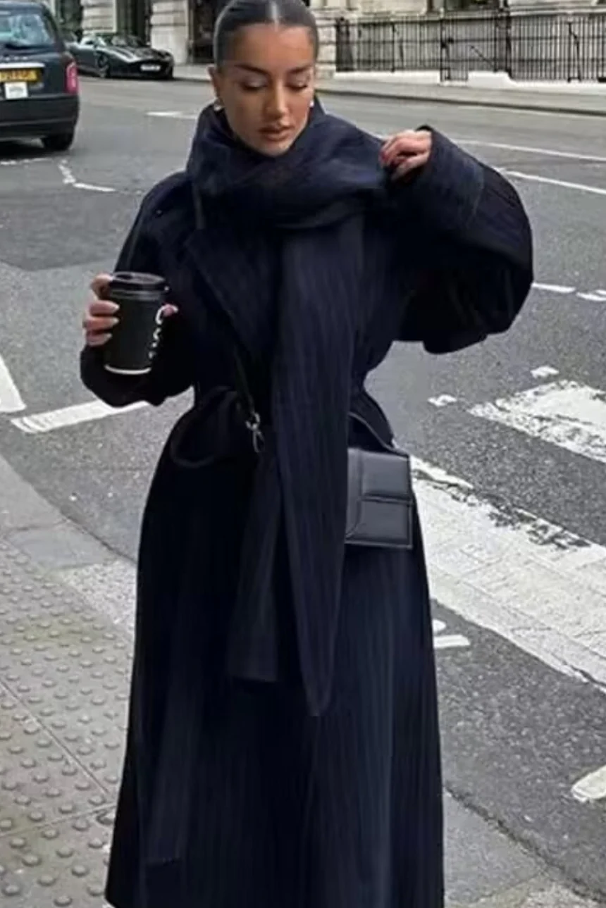 French English Style Scarf Belted Overcoat - Image 2