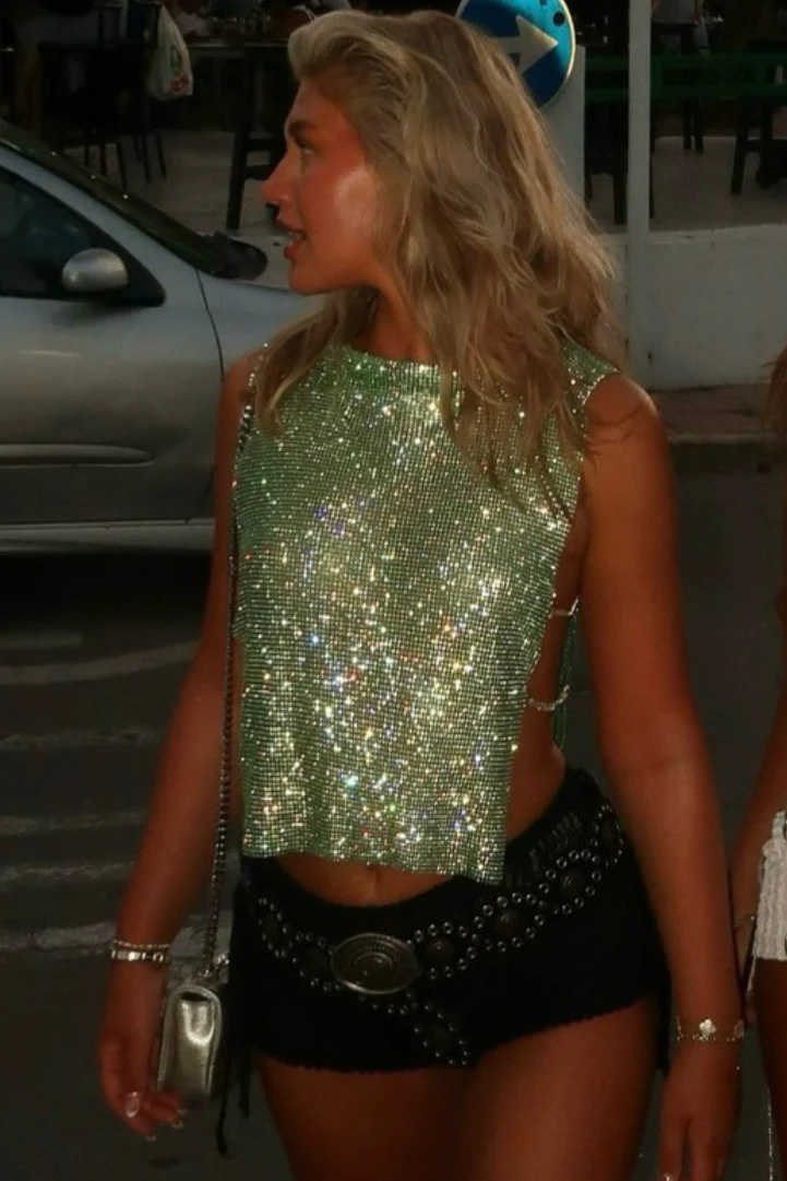 Full Rhinestone High Neck Crop Top - Image 3