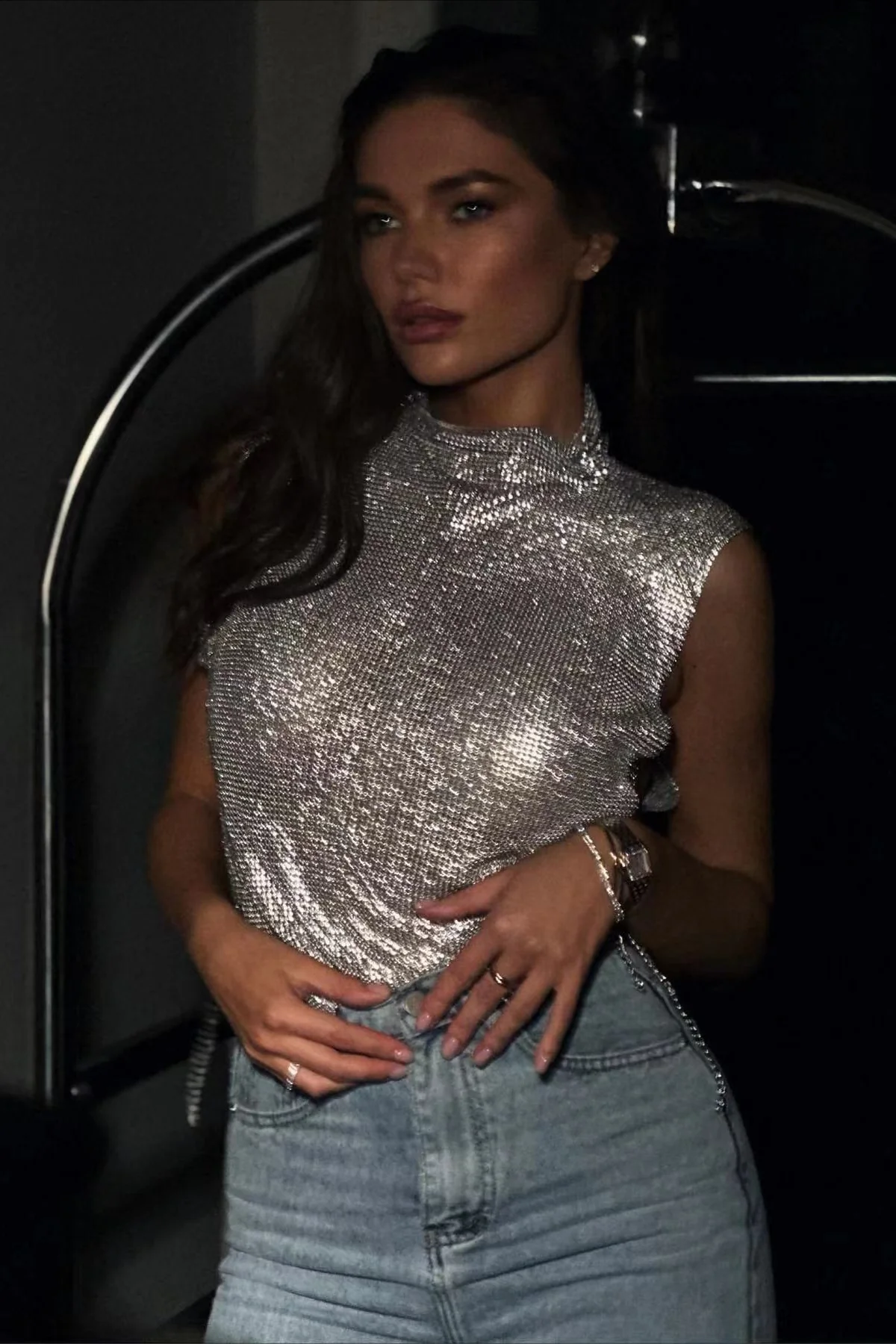 Full Rhinestone High Neck Crop Top - Image 7