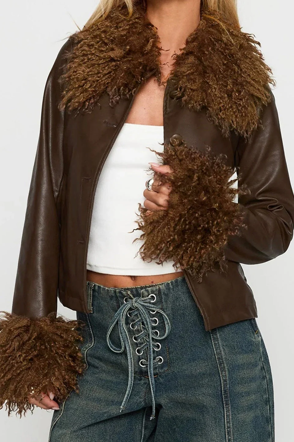 Fur Collar Leather Spliced Jacket - Image 2