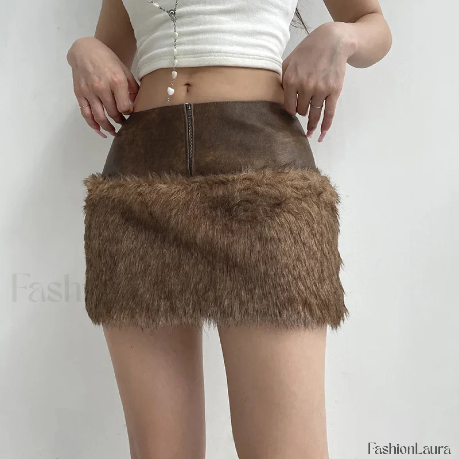 Fur Leather Patchwork Mini Skirt - Image 6