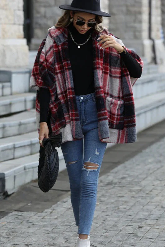 Fuzzy Plaid Hooded Short Sleeve Coat - Image 4