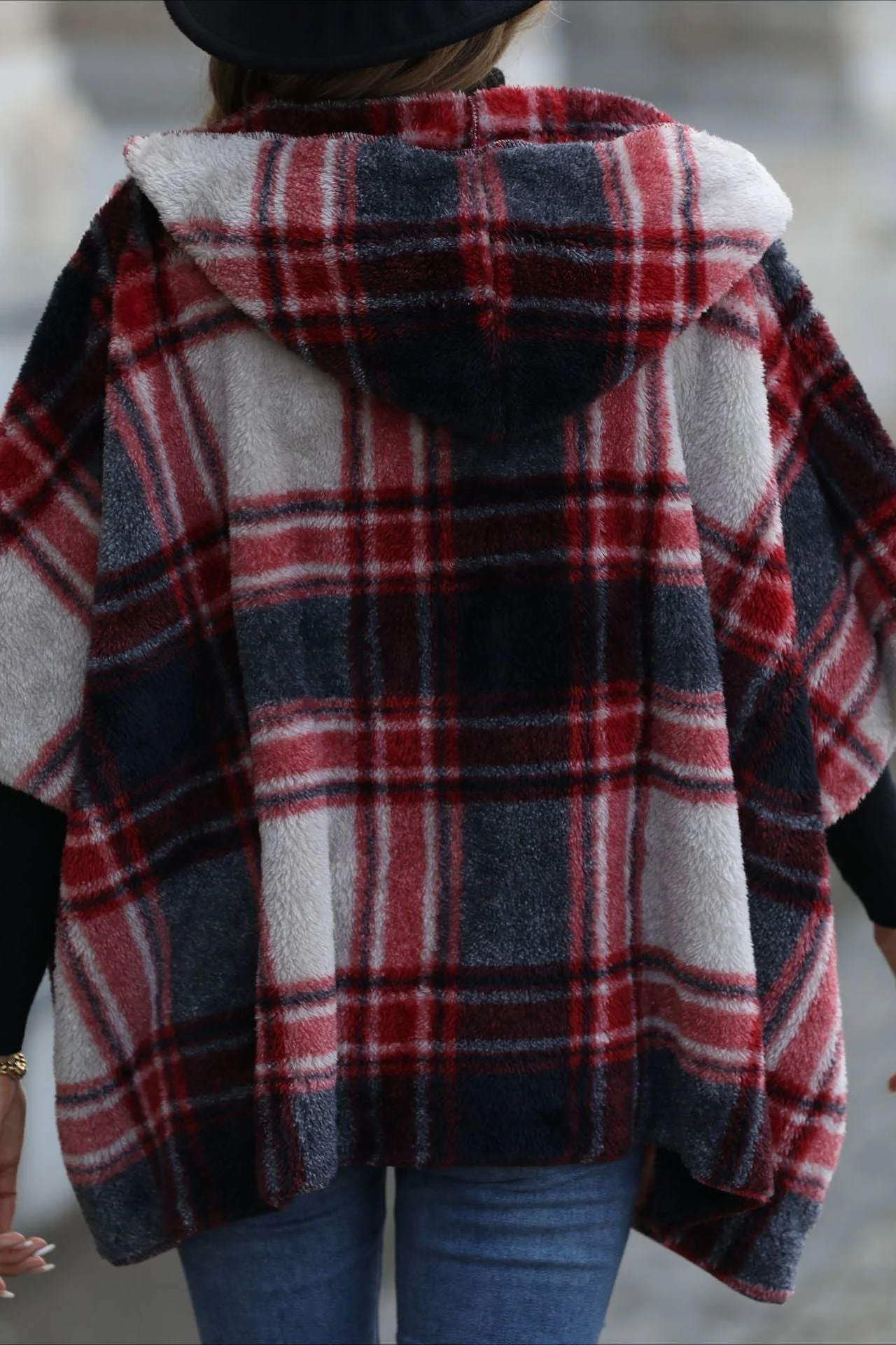 Fuzzy Plaid Hooded Short Sleeve Coat - Image 5