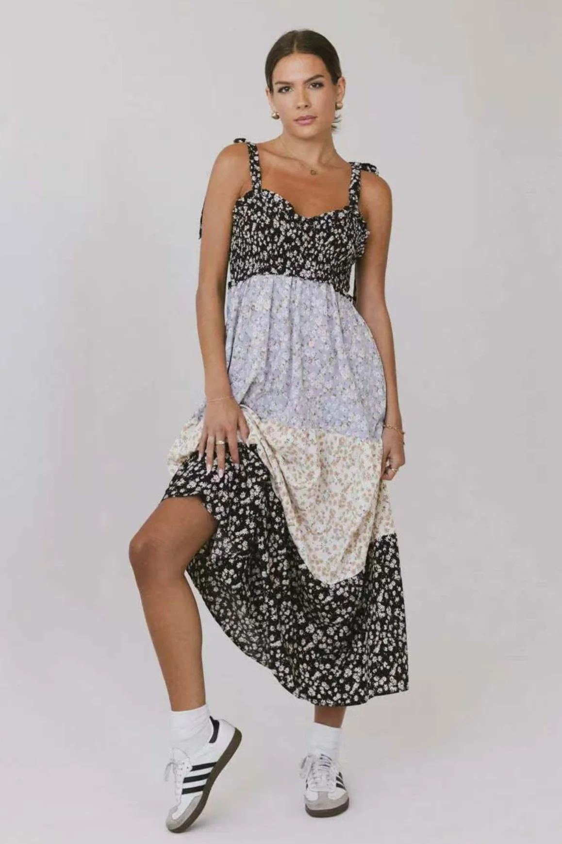 Gingham Patchwork Floral Print Boho Dress - Image 10