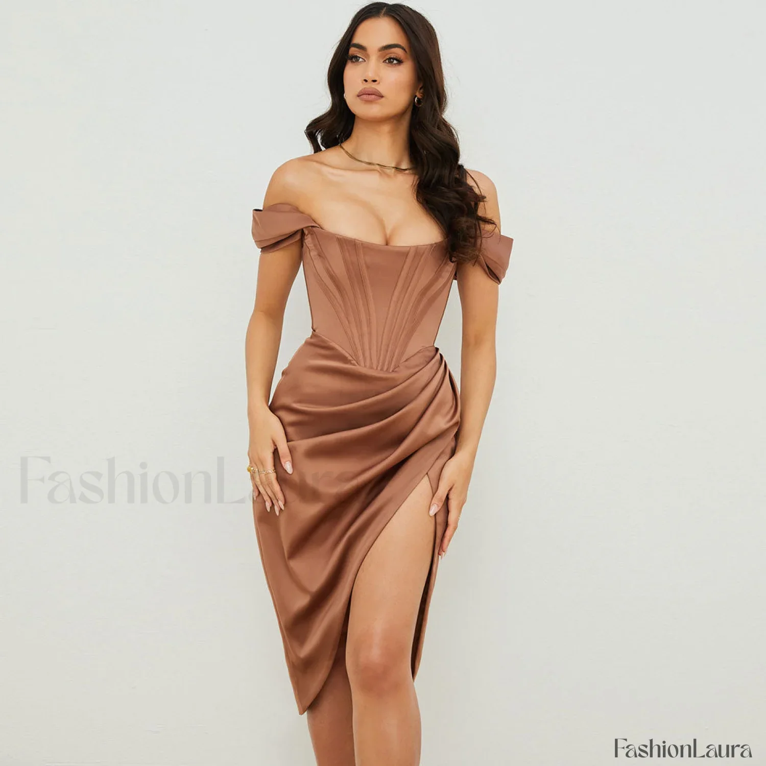 Off Shoulder Draped Corset Cocktail Midi Dress - Chocolate - Image 8