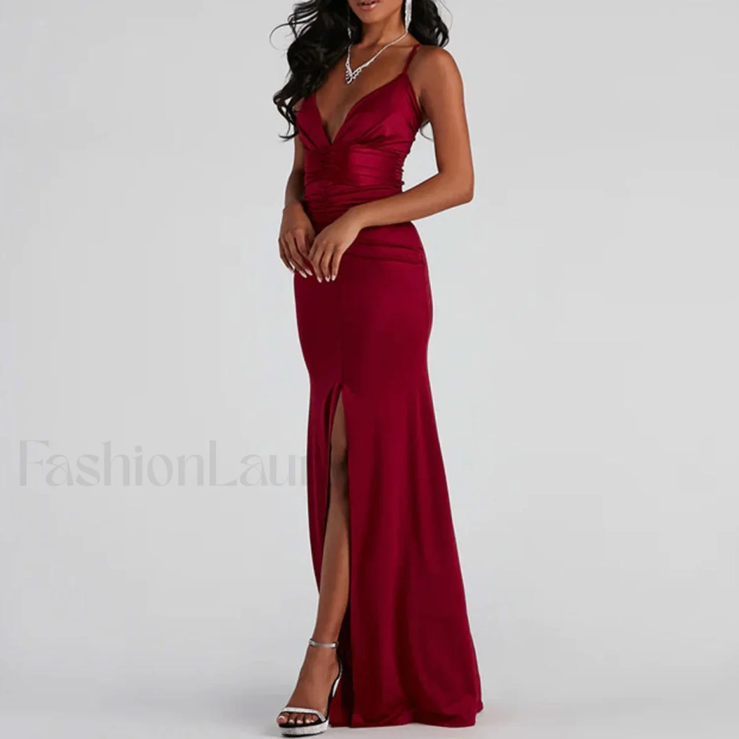 V High Slit Maxi Dress - Red - Image 5