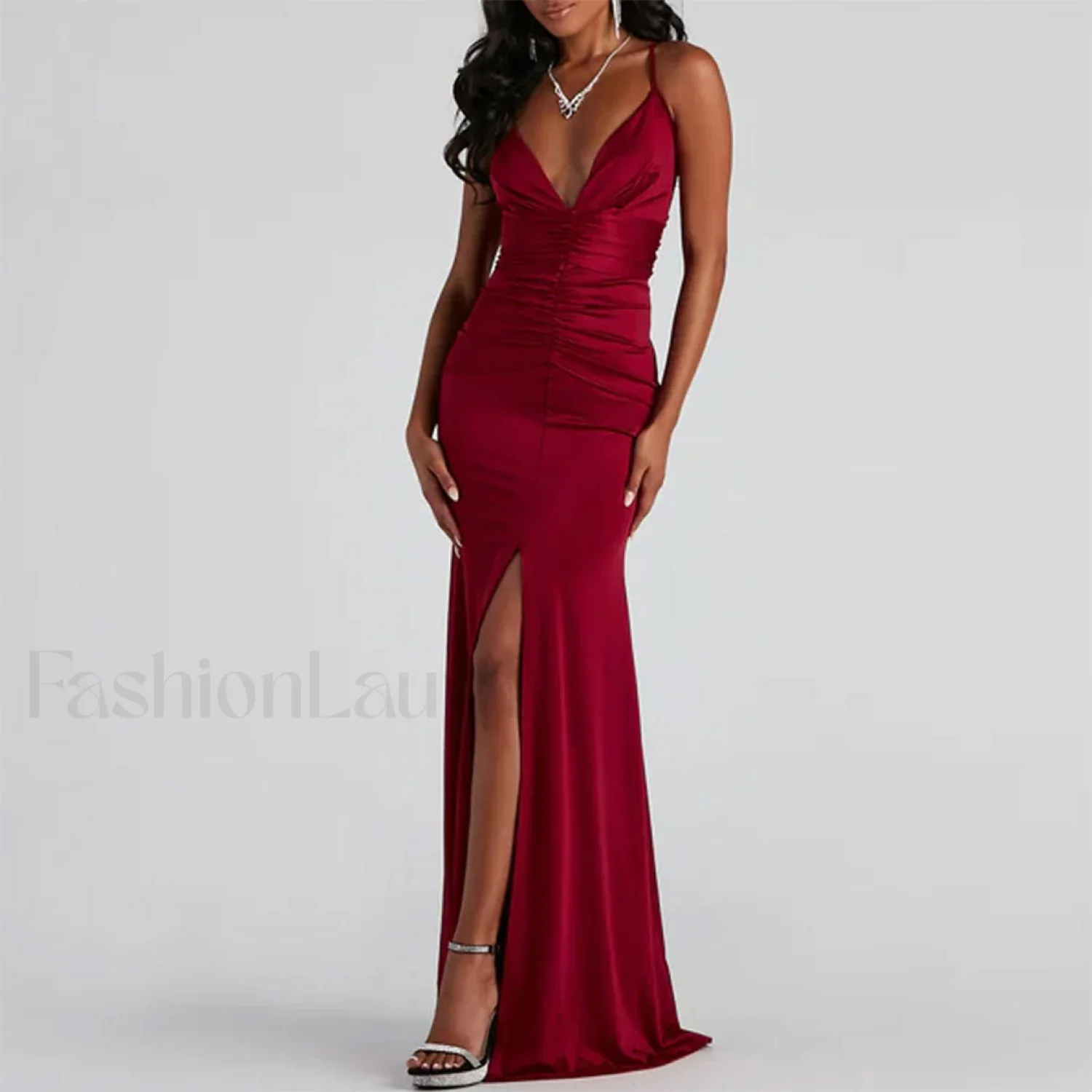 V High Slit Maxi Dress - Red - Image 6