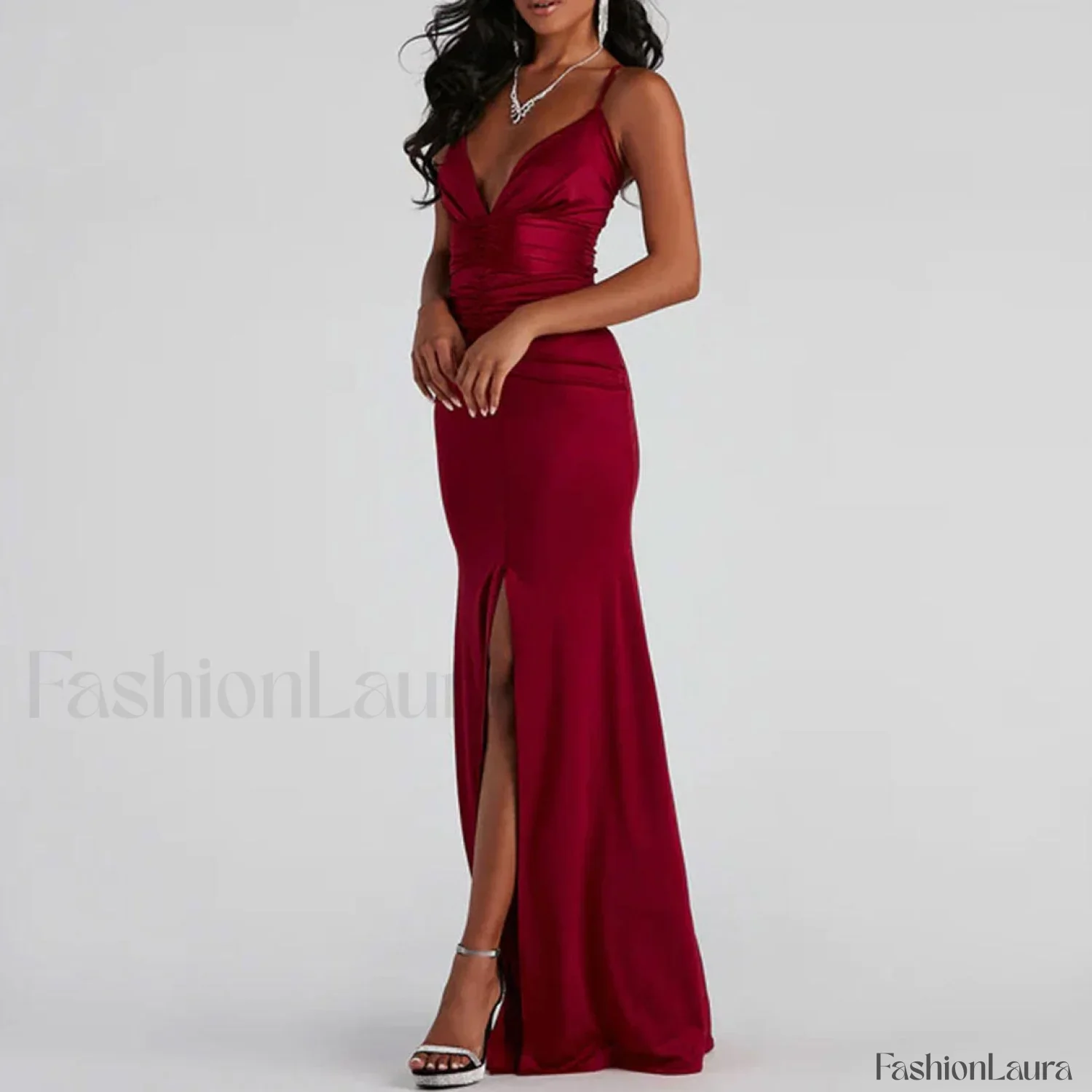 V High Slit Maxi Dress - Red - Image 8