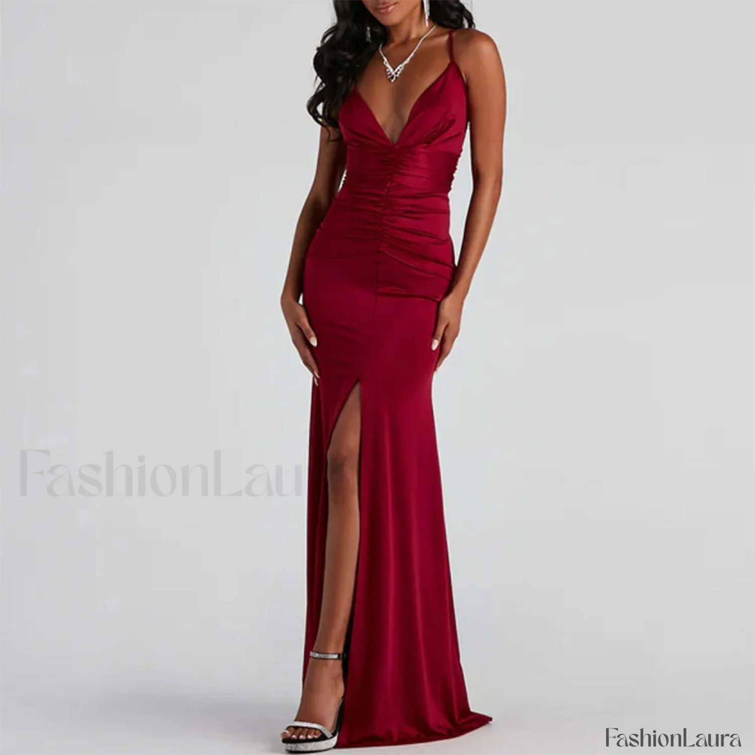 V High Slit Maxi Dress - Red - Image 9