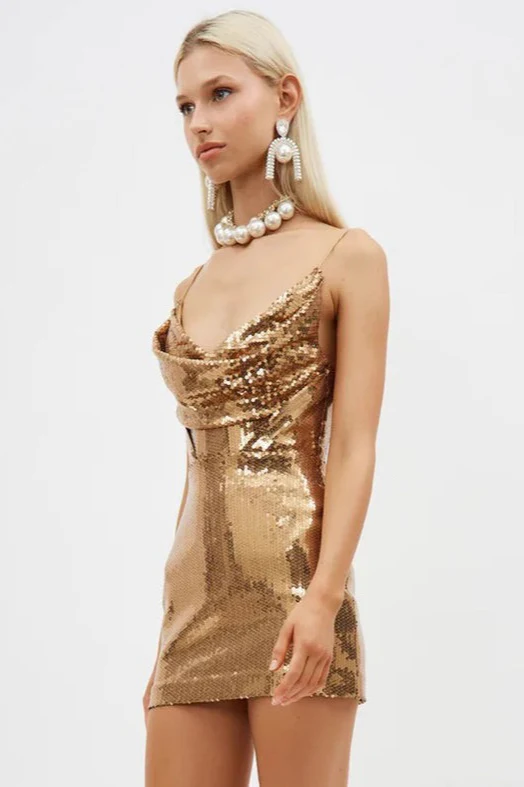 Gold V Neck Spaghetti Strap Mini Dress - Image 3