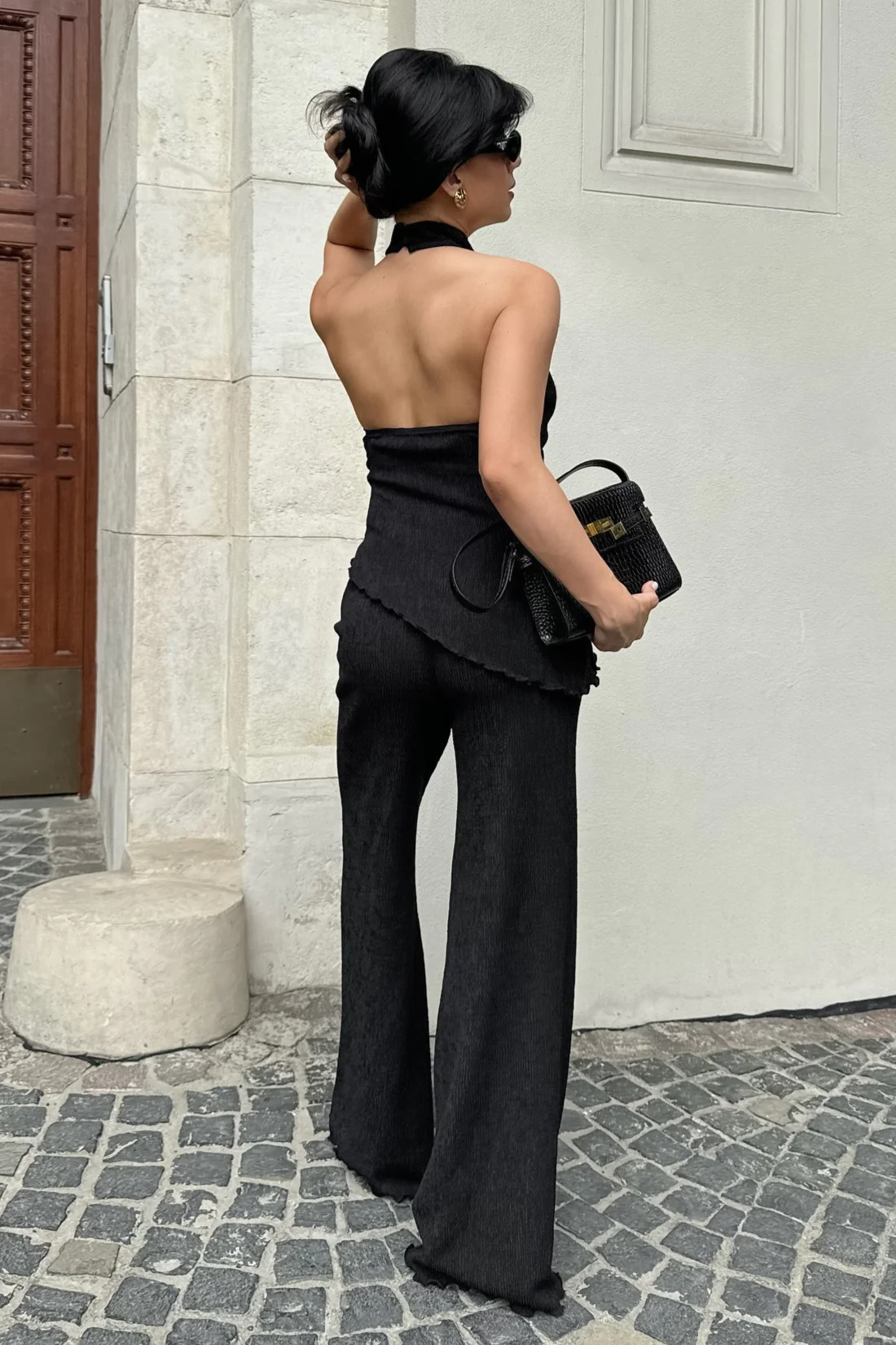 Green Halter Neck Top Pleated Wide Leg Pants Set - Image 13
