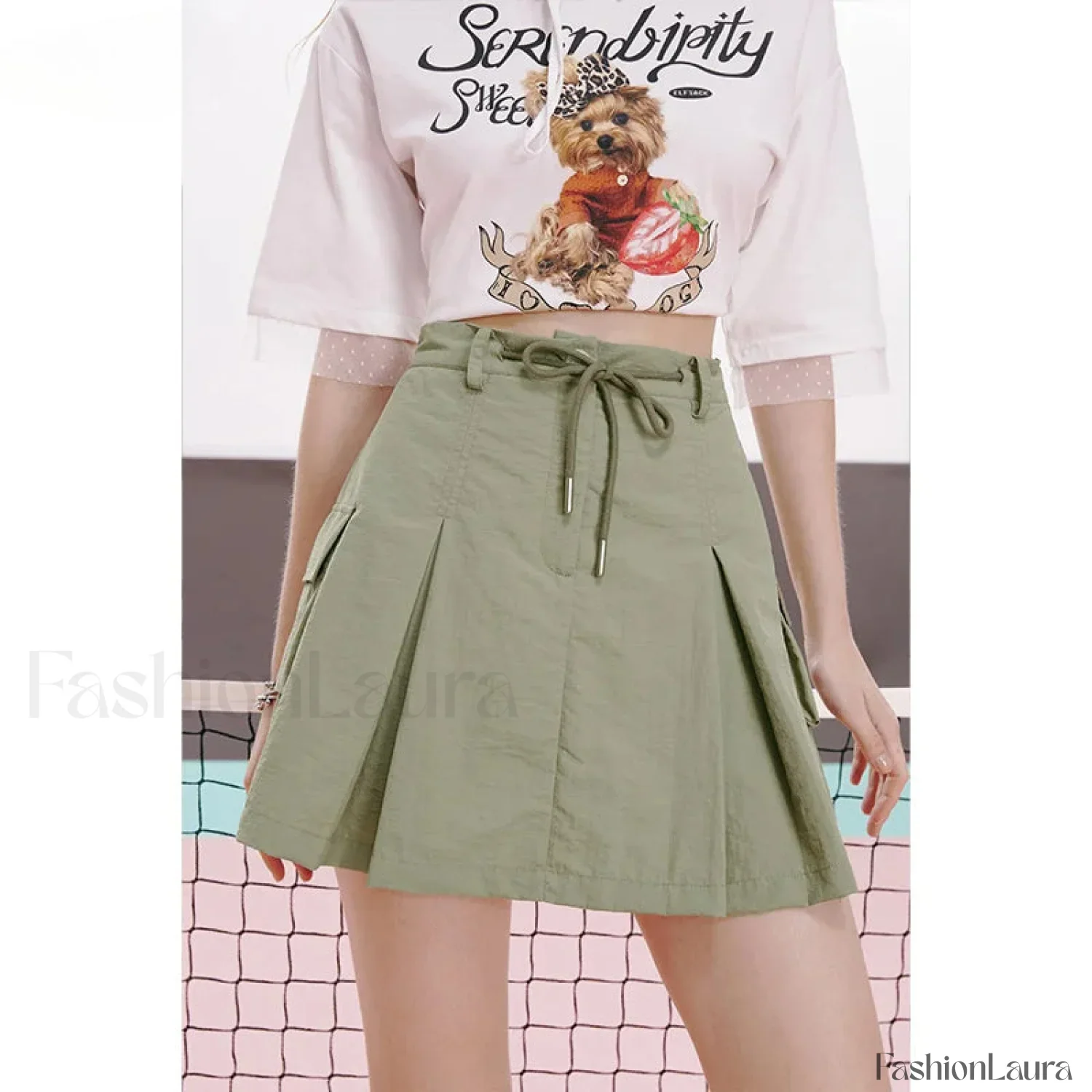 Green Pleated Sporty A-Line Skirt - Image 9