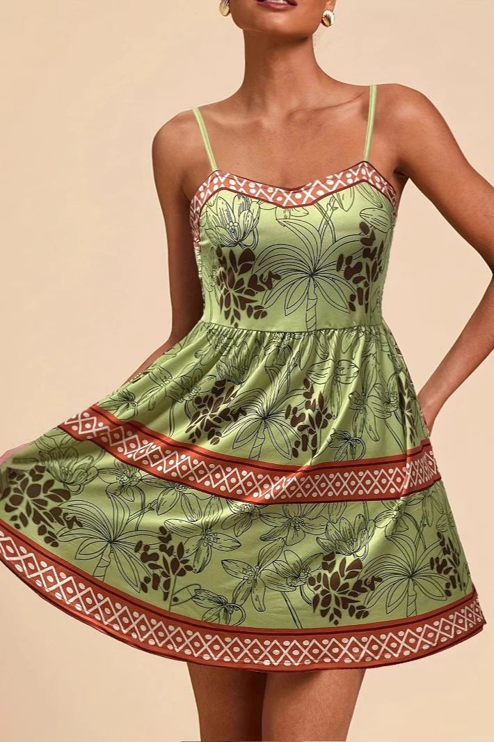 Green Printed Cami A Line Vacation Dress - Image 3