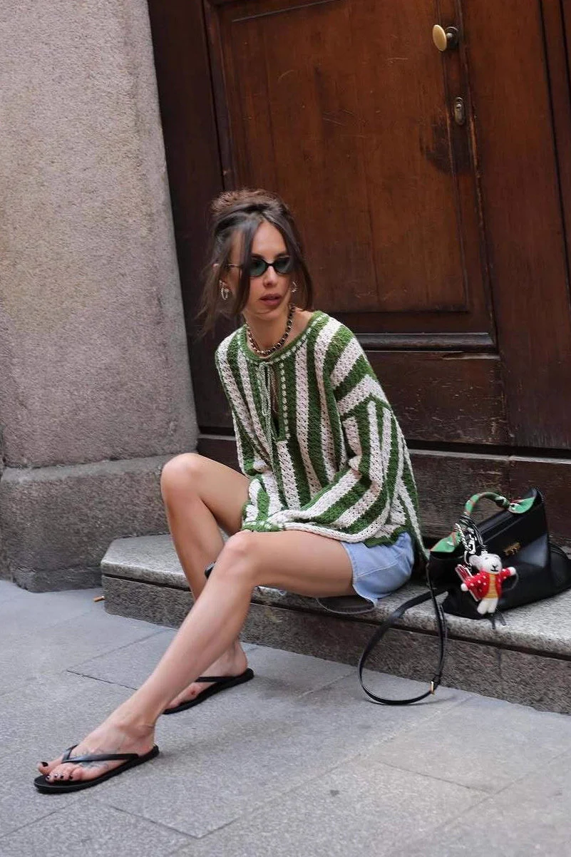 Green White Striped Tie Front Sweater - Image 7