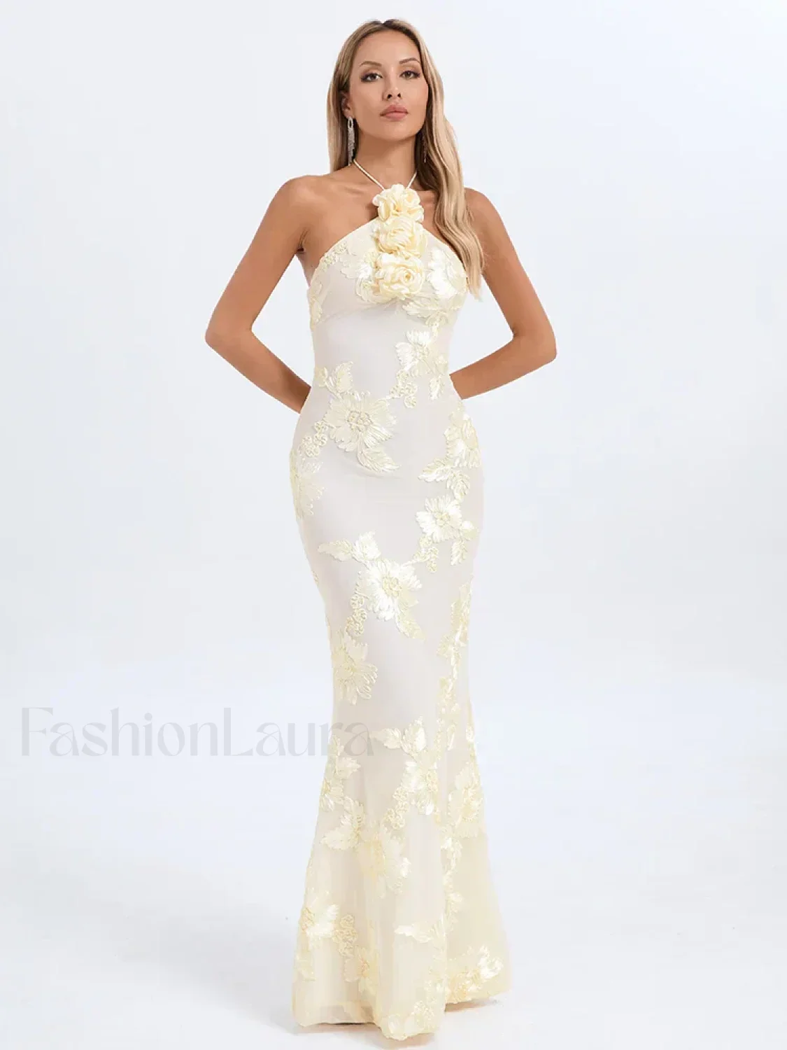 Halter 3D Flower Lace Maxi Dress - Image 2