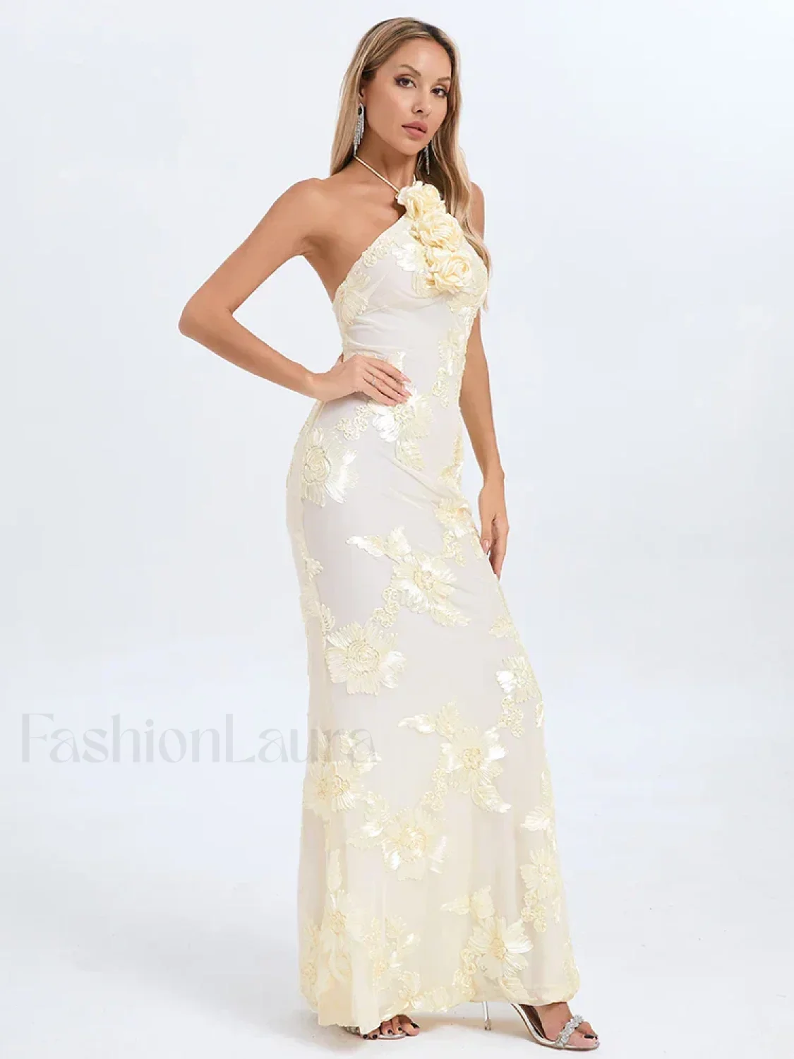 Halter 3D Flower Lace Maxi Dress - Image 3